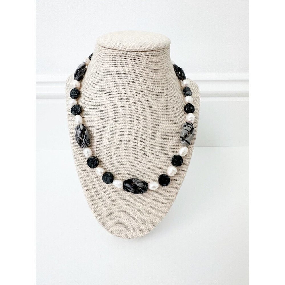 NWT Genuine Pearl & Jasper Necklace Black Gray White Beaded